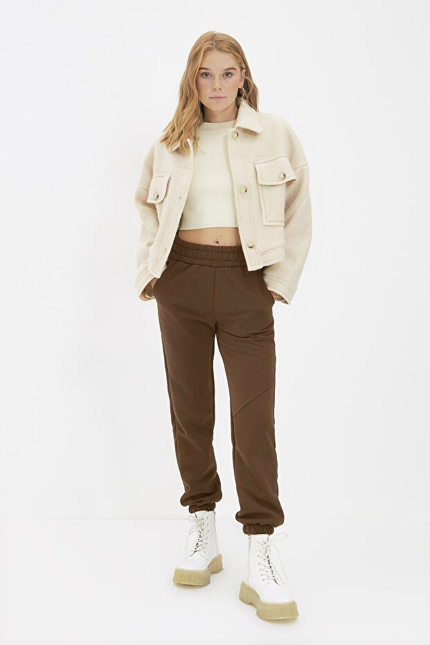 Kahverengi Basic Jogger Kalın İçi Polarlı Örme Eşofman Altı Pantolon TWOAW21EA0010 - 1
