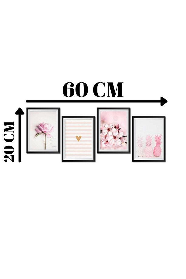 4'lü Ahşap Tablo Seti - Pembe Gül Ananas Salon Oturma Yatak Odası Için Mdf Duvar Dekoru 60x20 Cm - 5