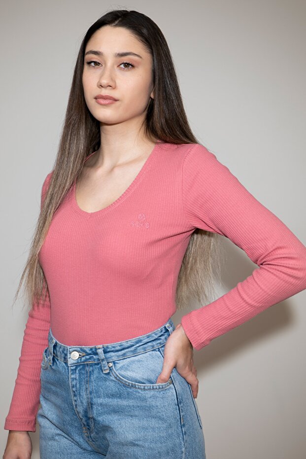 Kadın Gül Kurusu V Yaka Uzun Kollu Fitilli Örme Basic Bluz - 1