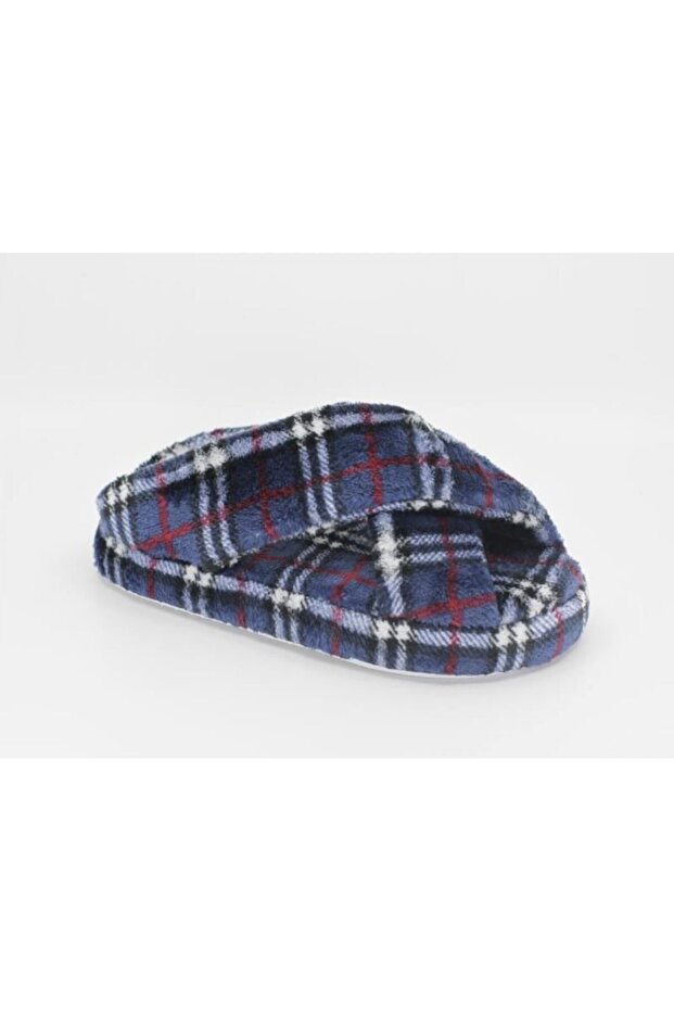 Navy Blue Women's Plaid Winter Guest House Slippers