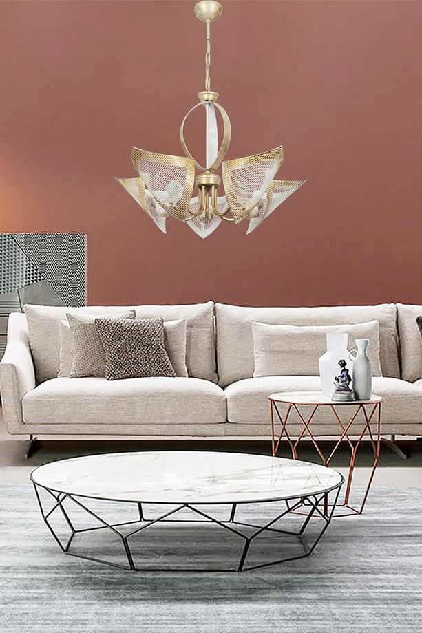 Güven Avize Kırat 5 Li Camı Metal Krem Sarı Patine Avize 0049981 - 1