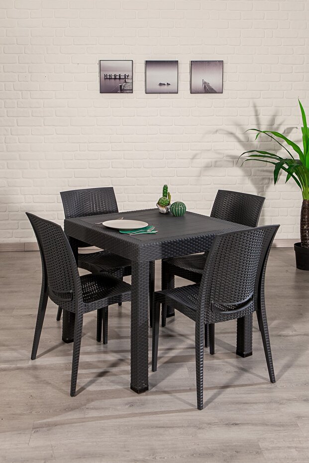 MOBETTO Home Rattan 4 Kişilik Bahçe Balkon Masa Takımı, Rattan Masa Seti ( CAMSIZ )
