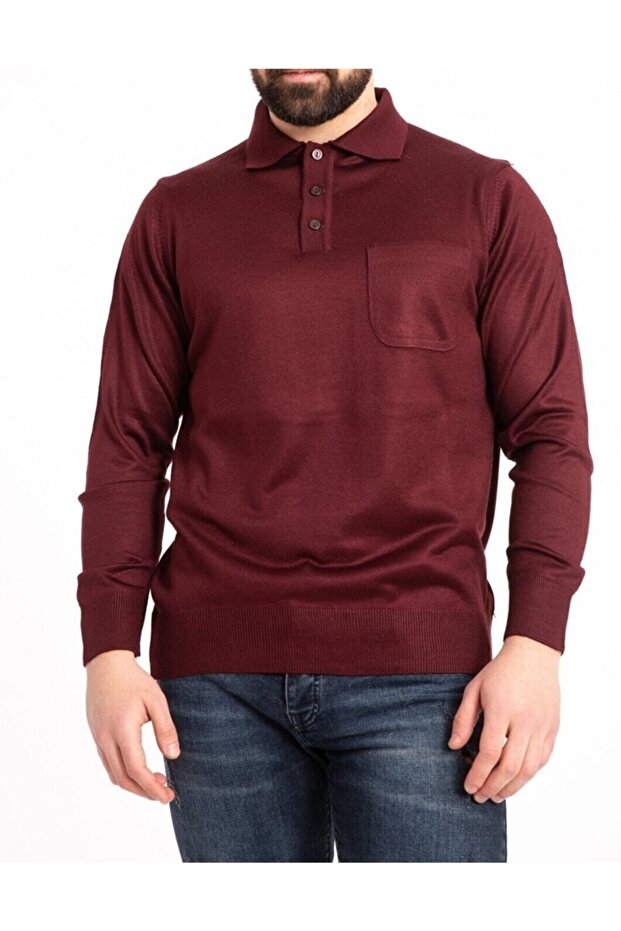 Men's Burgundy Thin Wool Knitwear Knitted Polo Collar Buttoned Dad Sweater