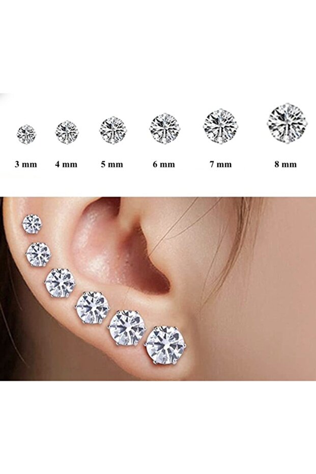 8 Adet 925 Ayar Gümüş Tek Taş Model Zirkon Taşlı Yuvarlak Kare 2 Yarım Küpe Seti 3, 4, 5, 6mm - 7