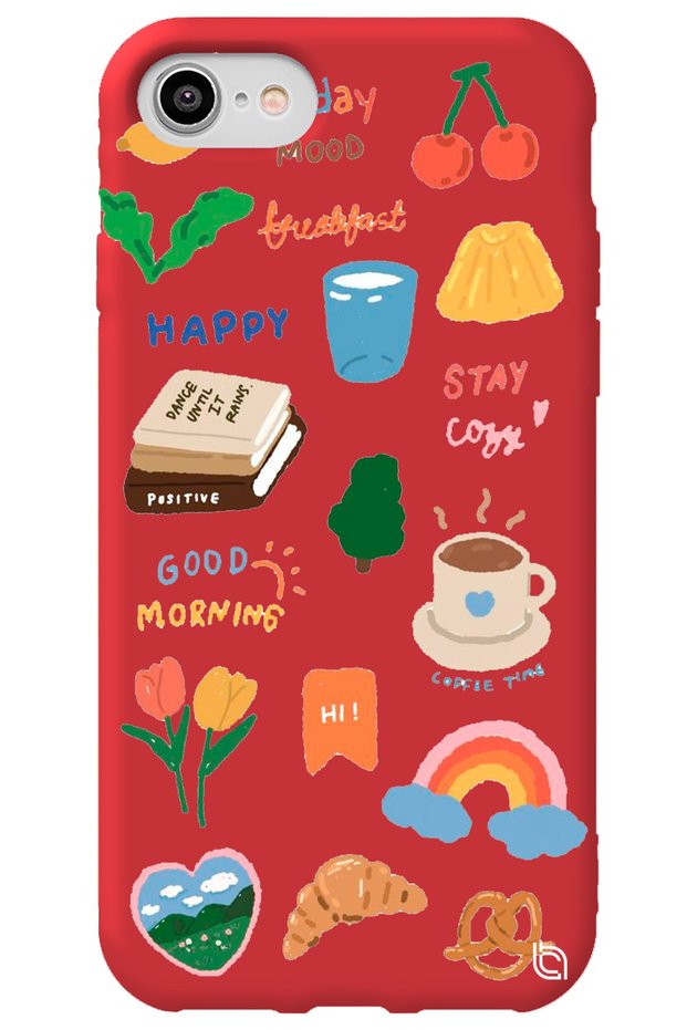 iPhone 8 Red Color Sticker Silicone Phone Case with Velvet Pattern Inside