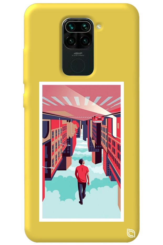 Xiaomi Redmi Note 9 Yellow Color Reverse City Velvet Patterned Silicone Phone Case