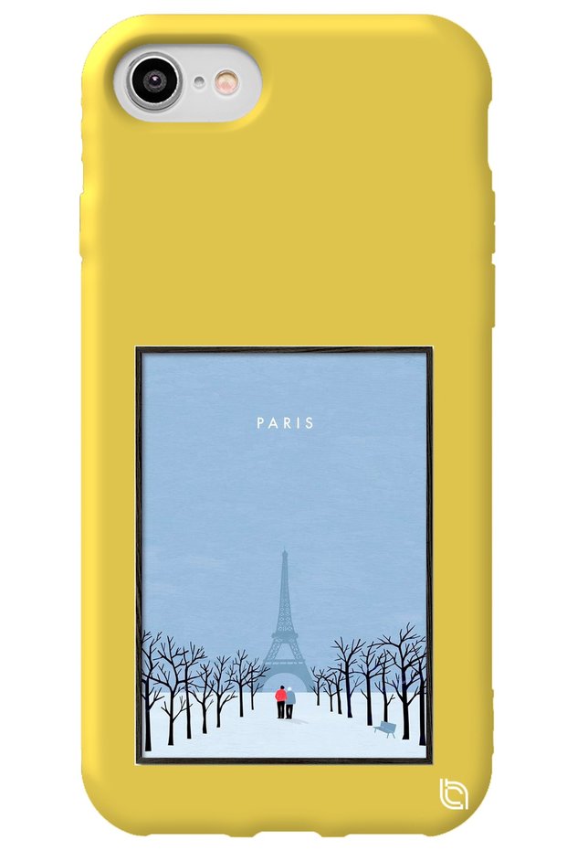iPhone 8 Yellow Colored Paris Poster with Velvet Pattern Silicone Phone Case