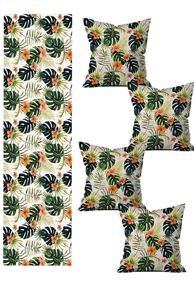 5 Piece Special Design Double Sided Printed Throw Pillow Cover and Runner Set
