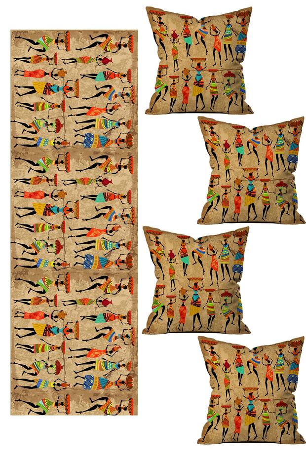 5 Piece Special Design Double Sided Printed Throw Pillow Cover and Runner Set