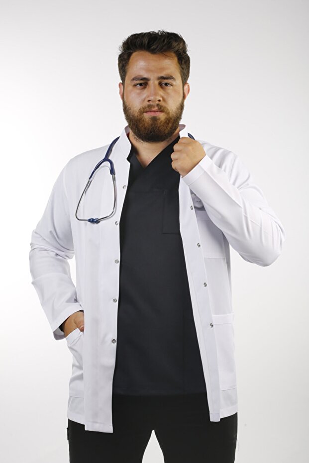 Men's White Long Sleeve 80 cm Prevailing Collar Alpaca Teacher Doctor Pharmacist Nurse Apron