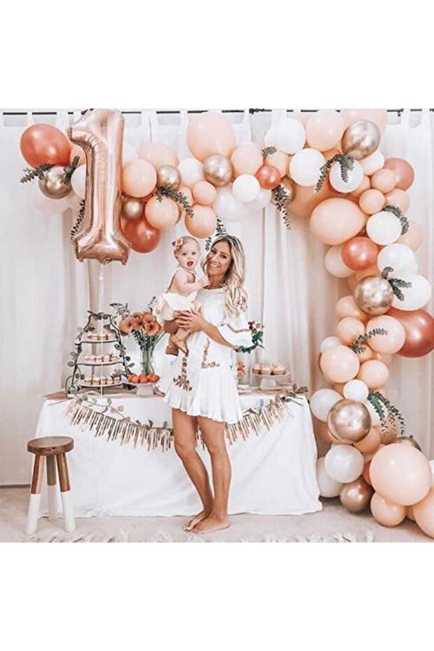 100 Pieces Metallic Balloons and Balloon Chain (Chrome Silver, Rose Gold, White, Pink) Concept Party Set
