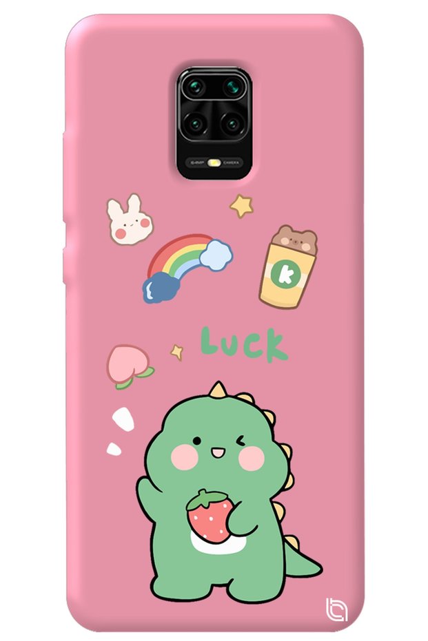 Xiaomi Redmi Note 9 Pro Pink Color Dinosaur Inside Velvet Patterned Silicone Phone Case