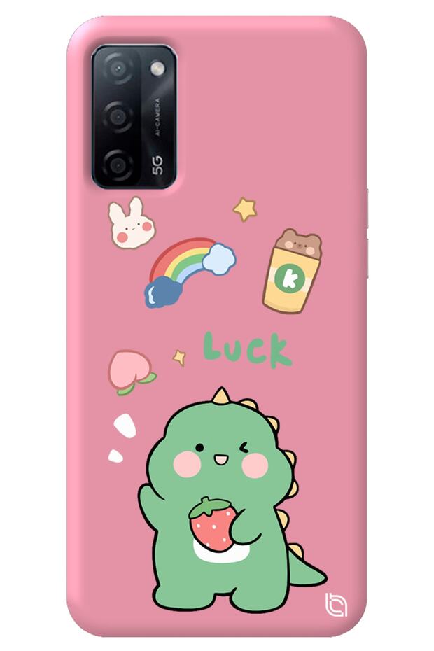 Oppo A52 Pink Colored Dinosaur Inside Velvet Patterned Silicone Phone Case