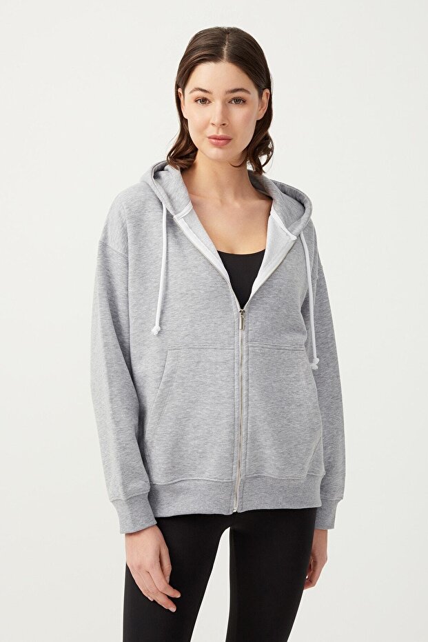Women's Melange Gray Hooded Oversize Ribbed Zippered Knitted Sweatshirt