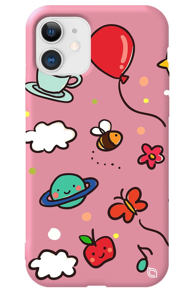 iPhone 11 Pink Colored Bee Balloon Inside Velvet Patterned Silicone Phone Case