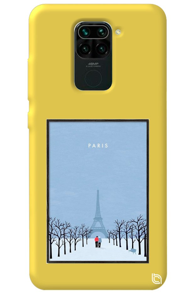 Xiaomi Redmi Note 9 Yellow Color Paris Poster Velvet Patterned Silicone Phone Case