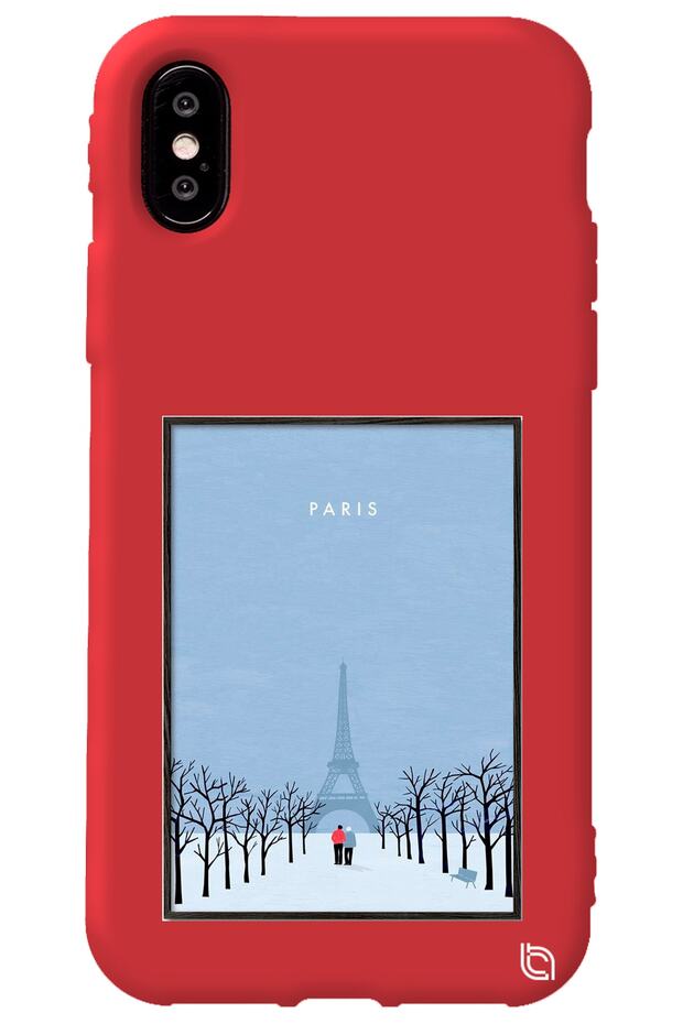 iPhone XS Red Color Paris Poster Silicone Phone Case with Velvet Pattern