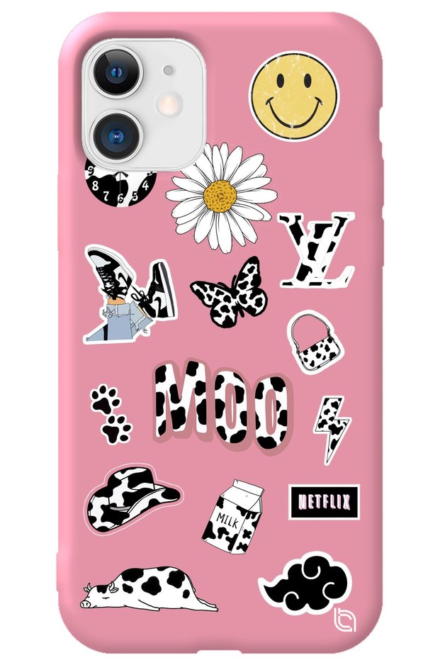 iPhone 11 Pink Colored Moo Velvet Patterned Silicone Phone Case