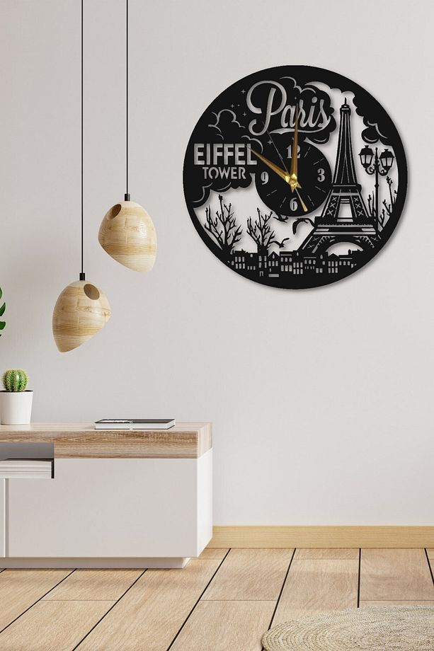 Siyah Ahşap Paris Eyfel Duvar Saati Salon Oturma Odası Mutfak Ofis Antre Için 45x45cm Duvar Dekoru - 2