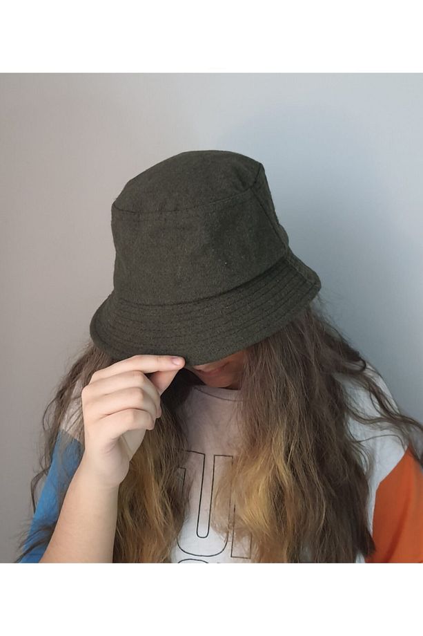 Kaşe Haki Bucket Şapka Bayan Kışlık Fötr Yuvarlak Şapka - 1