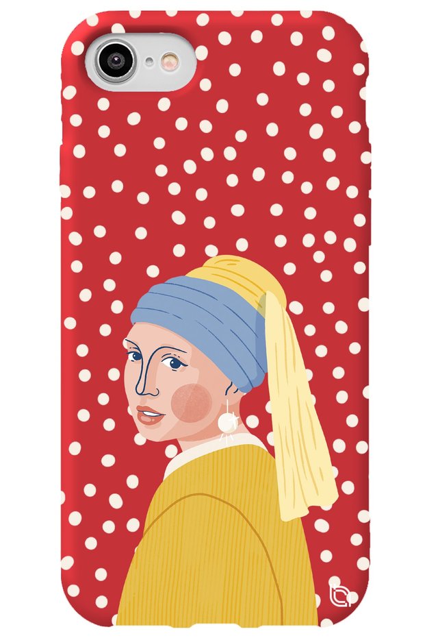 iPhone 7 Red Colored Pearl Earring Girl Velvet Patterned Silicone Phone Case
