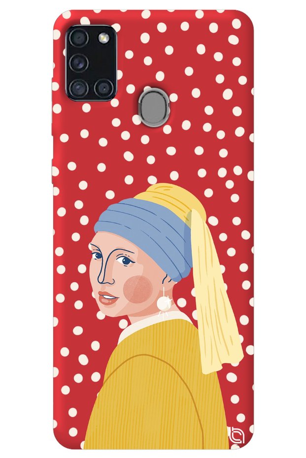 Samsung A21S Red Color Pearl Earring Girl Velvet Patterned Silicone Phone Case