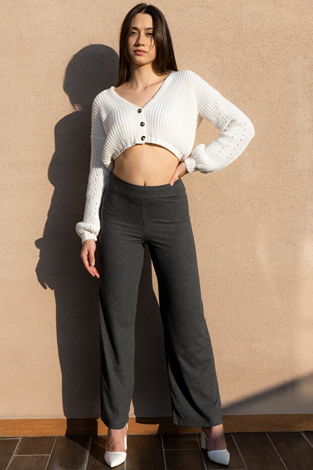 Women's Anthracite Knitted Wide Leg Viscose Corduroy Trousers