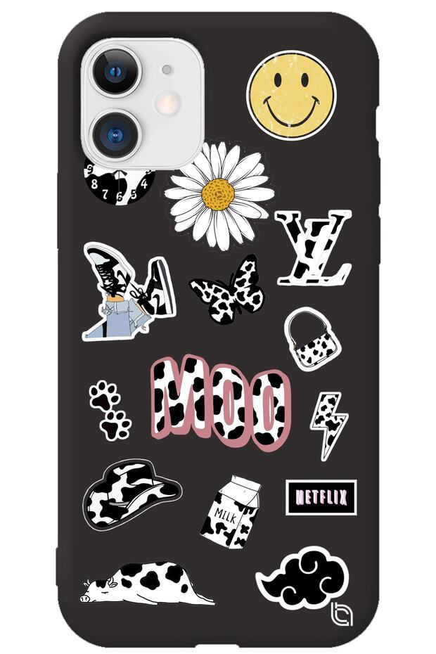 iPhone 11 Black Color Moo Velvet Patterned Silicone Phone Case