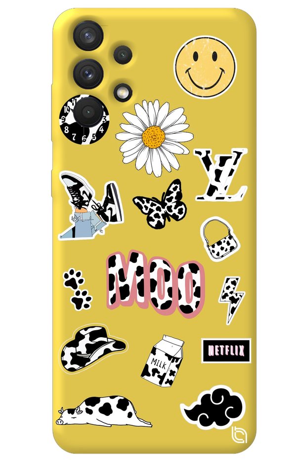 Samsung A32 Yellow Colored Moo Velvet Patterned Silicone Phone Case