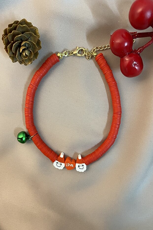 Red Fimo Cat Dog Collar with New Year's Concept
