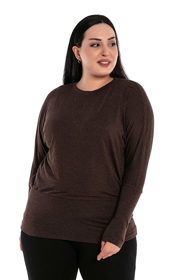 Plus Size Round Neck Bat Sleeve Skirt Wide Band Brown Blouse