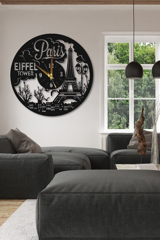 Siyah Ahşap Paris Eyfel Duvar Saati Salon Oturma Odası Mutfak Ofis Antre Için 45x45cm Duvar Dekoru - 1