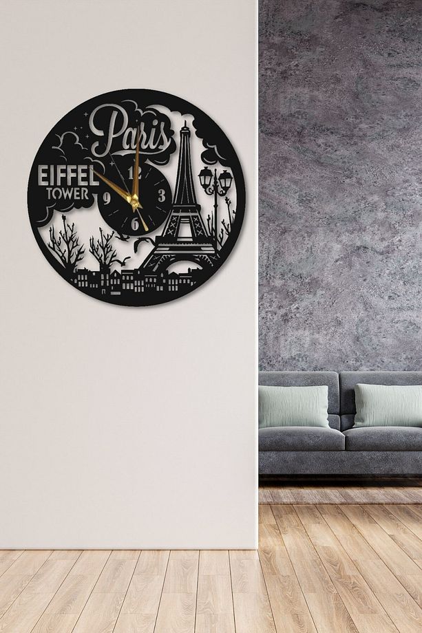 Siyah Ahşap Paris Eyfel Duvar Saati Salon Oturma Odası Mutfak Ofis Antre Için 45x45cm Duvar Dekoru - 3