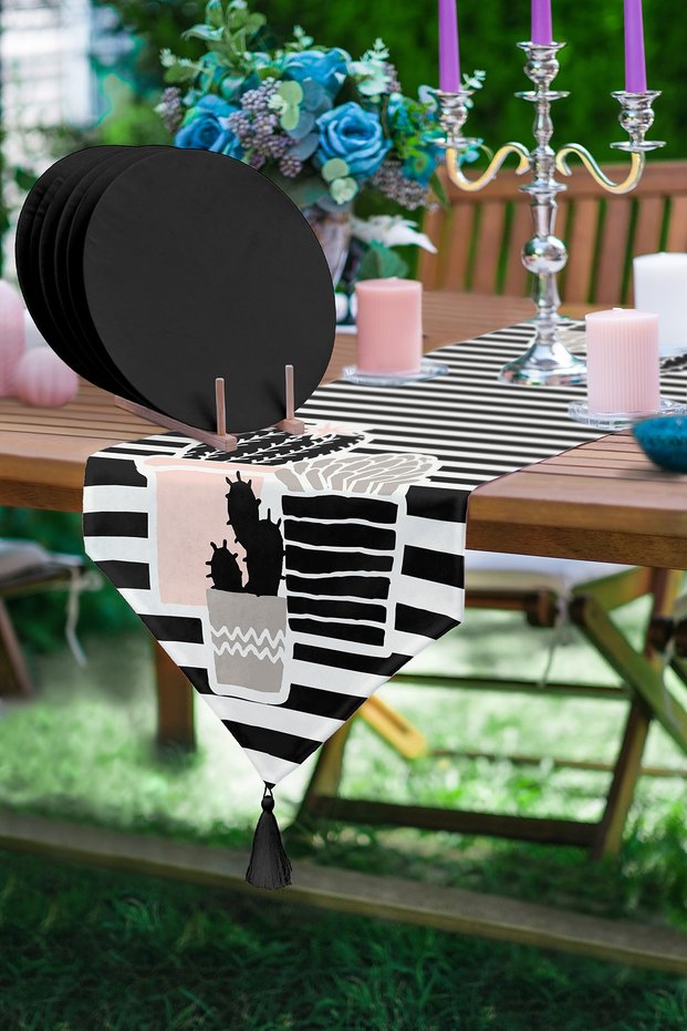Striped Floor Cactus Motif Triangle Tassel Runner 1 Piece & 6 Pieces Black Colored Supla