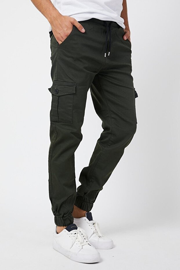Men's Khaki Slim Fit None Denim Pants with Side Pockets, Waist Tie, Elastic Cuffs, Flexible Fabric