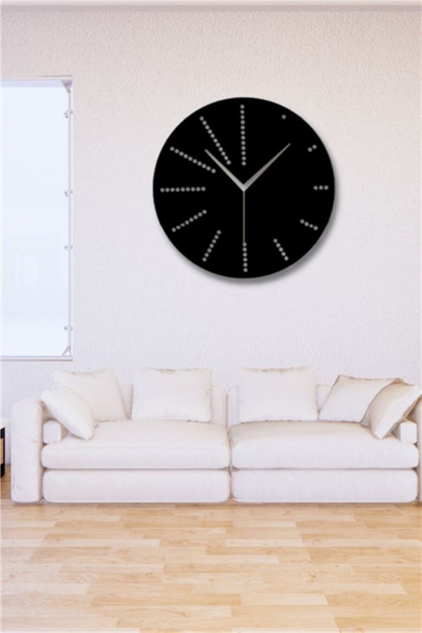 Siyah Ahşap Yuvarlak Noktalı Duvar Saati Salon Oturma Odası Ofis Antre Için 45x45cm Duvar Dekoru - 2