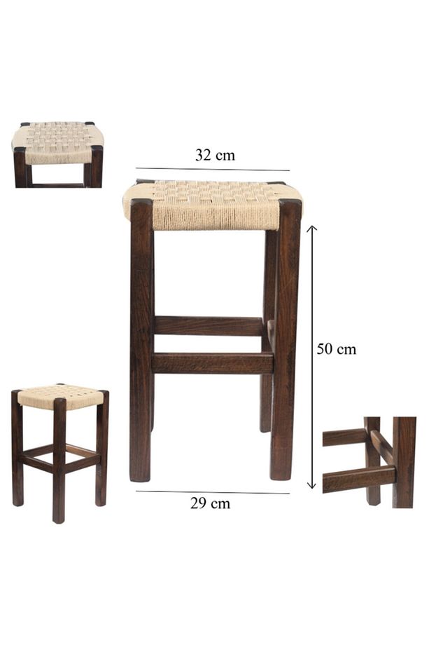2 Adet Hasır Örgülü Tabure Ceviz Renk 50x32x32 - 5