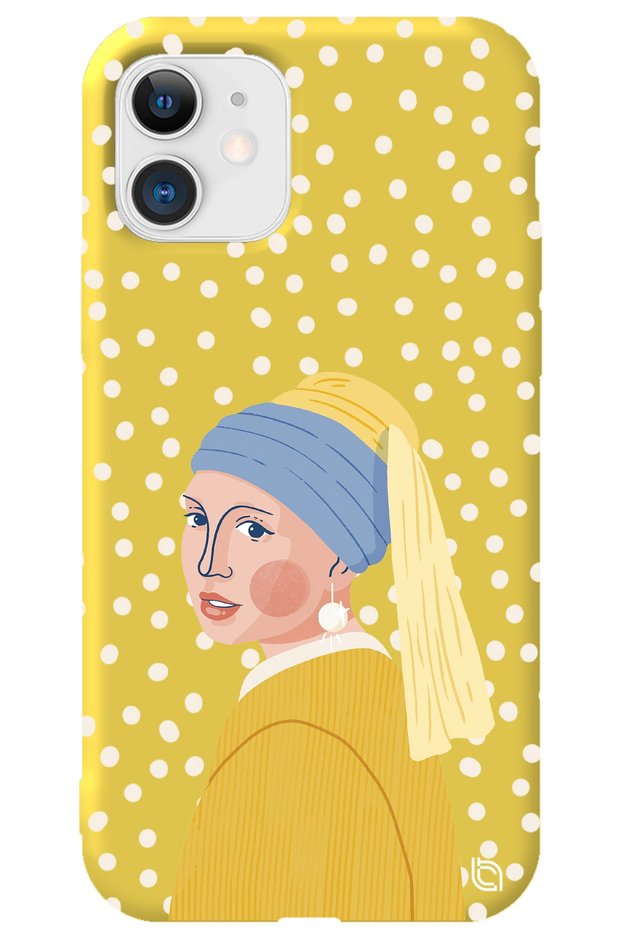 iPhone 12 Yellow Colored Pearl Earring Girl Velvet Patterned Silicone Phone Case