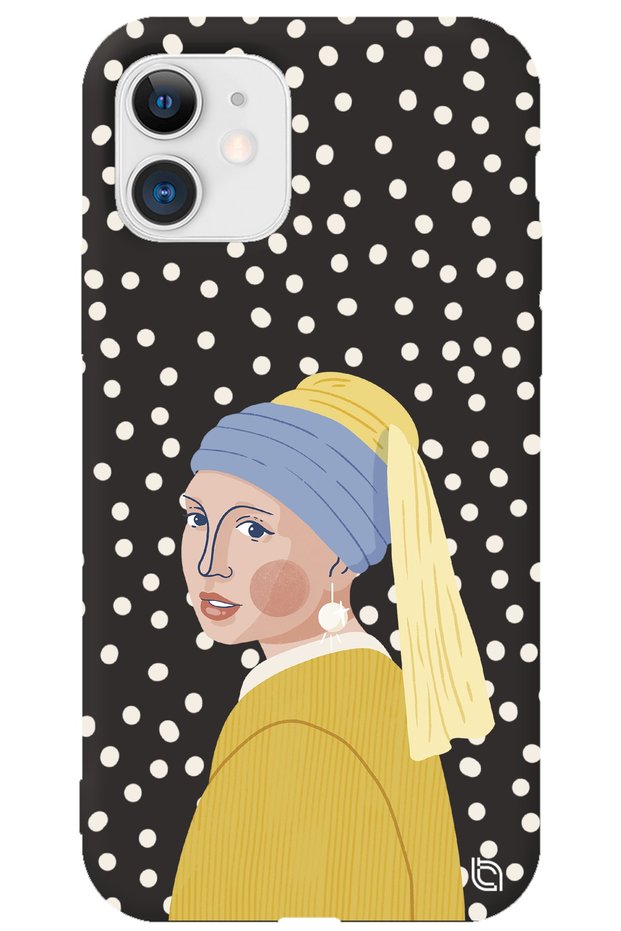 iPhone 11 Black Colored Pearl Earring Girl Velvet Patterned Silicone Phone Case
