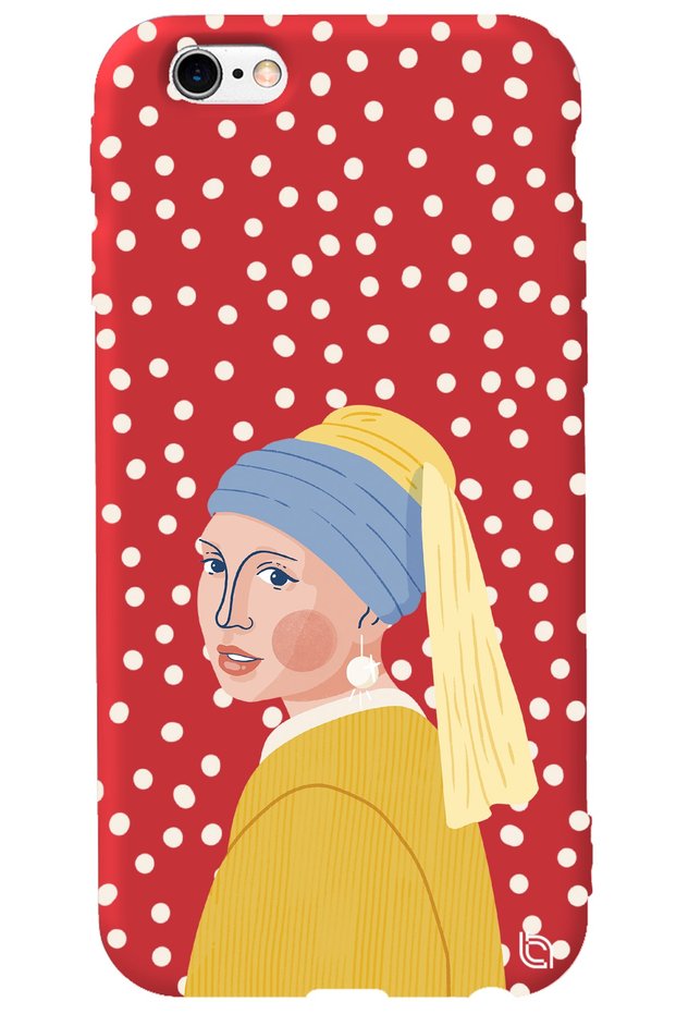 iPhone 6 Plus Red Colored Pearl Earring Girl Velvet Patterned Silicone Phone Case