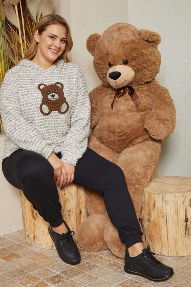 Fringe Braided Teddy Bear Appliqued Hooded Sweat-beige