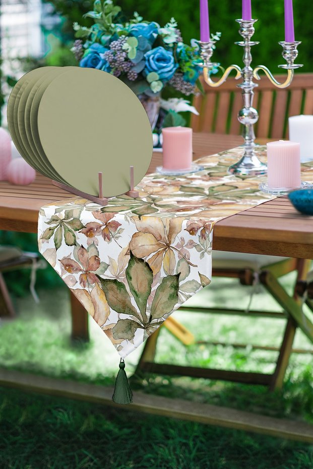 Dried Autumn Leaves Triangle Tasseled Runner 1 Piece & 6 Pieces Green Colored Supla