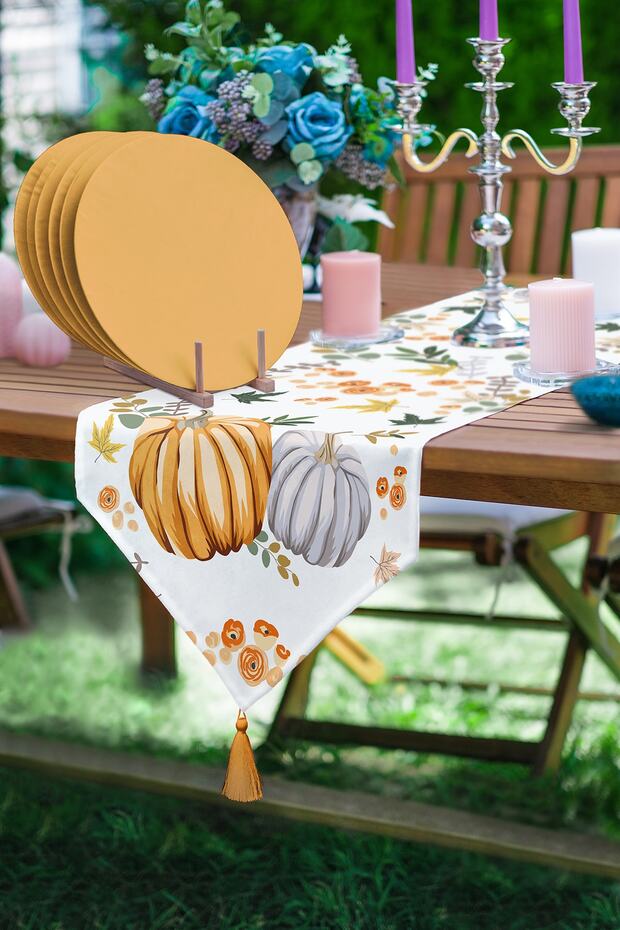 Halloween Themed Pumpkin Design Triangle Tasseled Runner 1 Piece & 6 Pieces Mustard Colored Supla