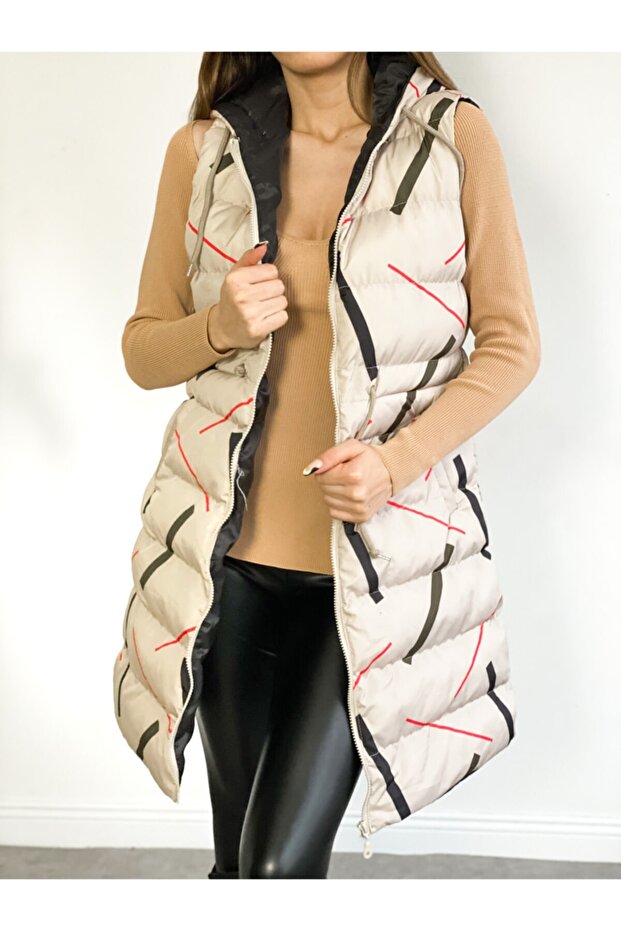 Women's Hooded, Side Pocket, Gathered Waist, Line Patterned Long Puffer Vest