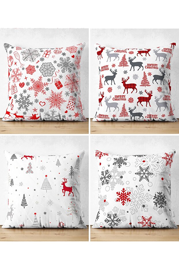 New Year Concept Set of 4 Suede Pillow and Cushion Covers with Double Sided White Background