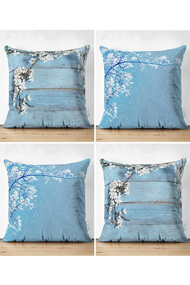 4-Piece Double Sided Suede Throw Pillow Cover Set with Branch and Flower Design on Blue Background