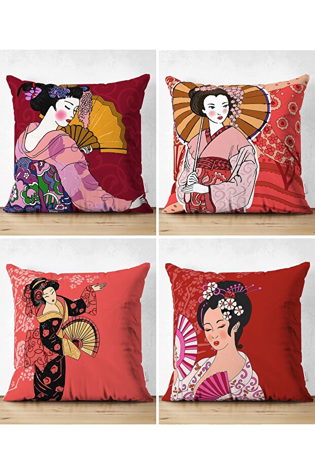 Double Sided Red Japanese Girls Designed 4-Piece Decorative Suede Throw Pillow Cover Set