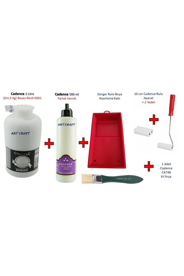 Cadence Multisurfaces Boya Seti - Cadence 2 Litre Beyaz + 500 Ml Parlak Vernik + Boya Kabı+ Fırçalar - 1