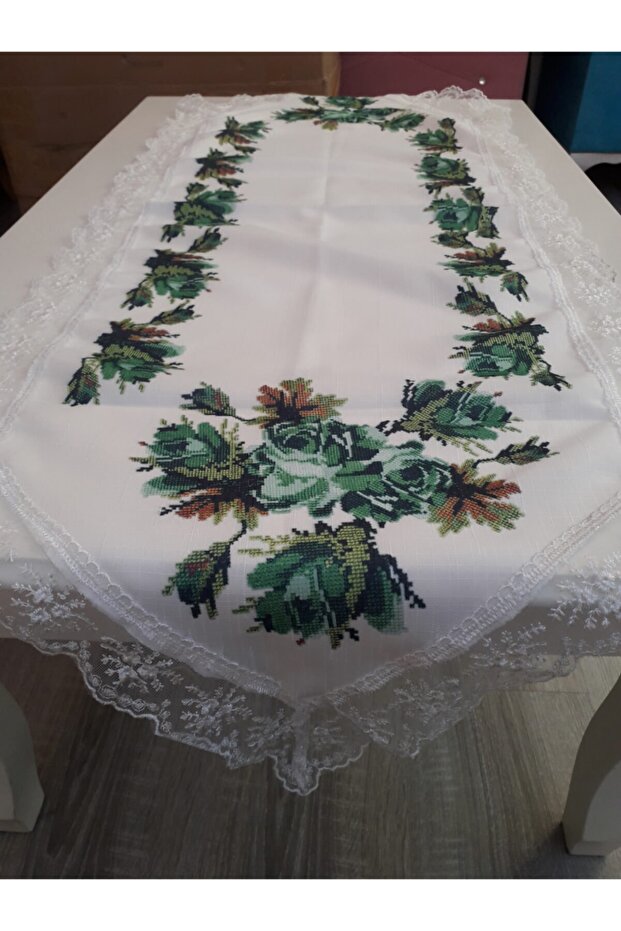 Kanaviçe Baskılı Yeşil Runner - 1