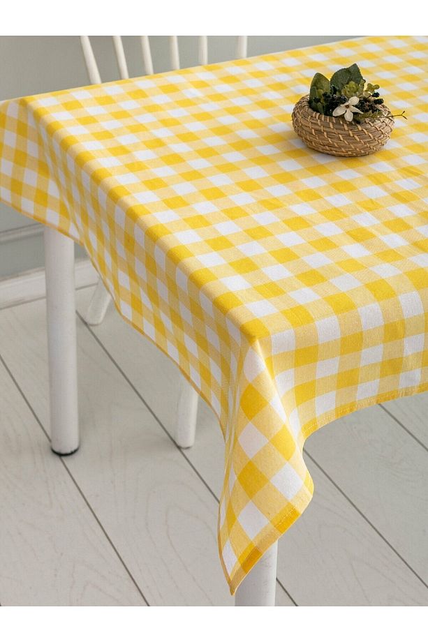 Sarı Ekose Kareli Desen Zefir Kumaş Mutfak Masa Örtüsü 150x150 - 1